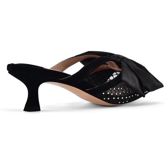 Diolyvion Women Black Mesh Bow Mules Pointed Toe Kitten Heel Slip on Sandals - Picture 4 of 5